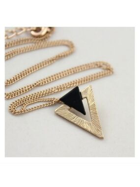 New!! Man Or Womans Gold Tone Triangle Pendant Necklace with Black Enamel Accent